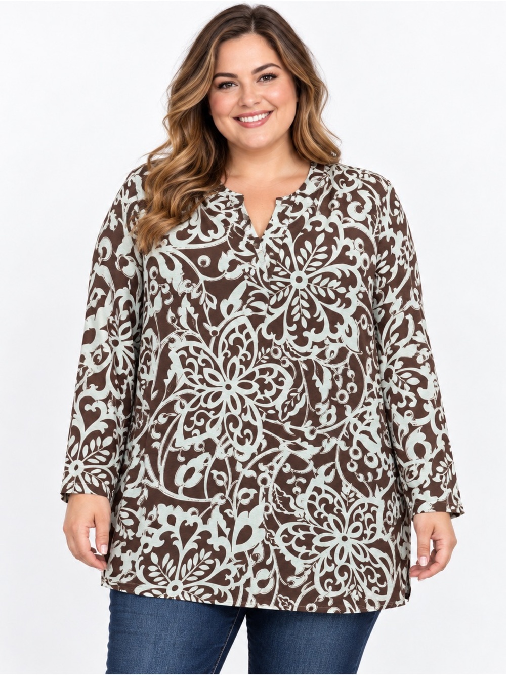 Dear Scarlett Lizzy Blouse 2X Brown Aqua Floral Long Sleeve NWOT